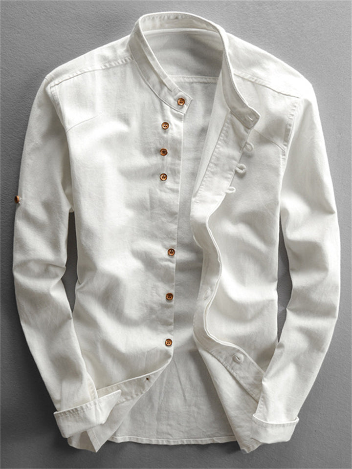 Men's Casual Stand Collar Button Up Cotton Linen Shirts