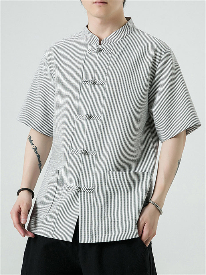 Men's Chinese Style Stand Collar Knot Button Summer Striped Shirt