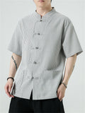 Men's Chinese Style Stand Collar Knot Button Summer Striped Shirt