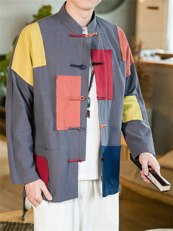 Contrasting Color Patchwork Tang Suit Shirts for Male