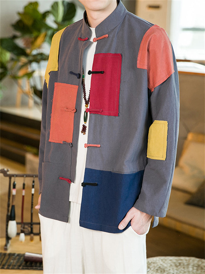 Contrasting Color Patchwork Tang Suit Shirts for Male