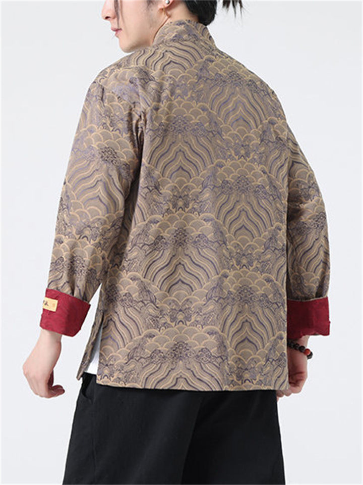 Men's Spring Tang Suit Shirt with Sea Wave Pattern