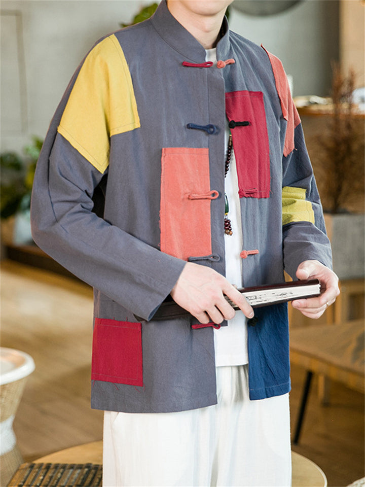 Contrasting Color Patchwork Tang Suit Shirts for Male