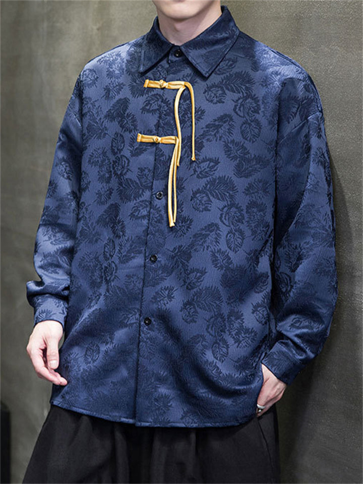 Men's Chinese Style Jacquard Long Sleeve Lapel Collar Shirt